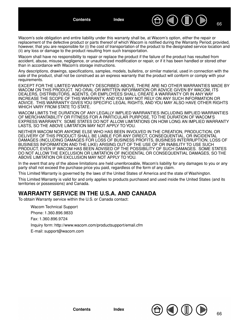 Warranty service in the u.s.a. and canada | Wacom GRAPHIRE CTE-630BT User Manual | Page 66 / 74