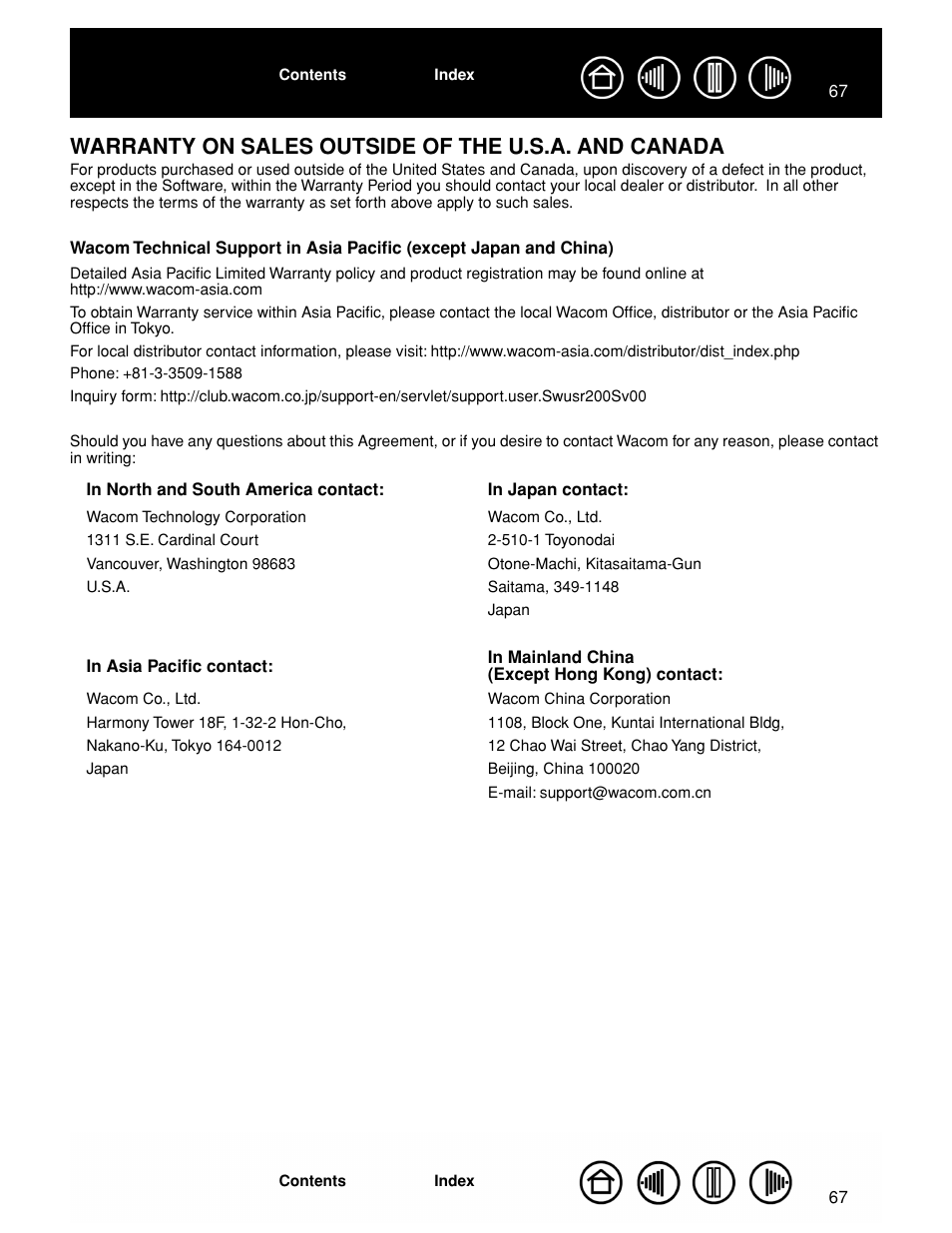 Warranty on sales outside of the u.s.a. and canada, Warranty on sales outside of, The u.s.a. and canada | Wacom GRAPHIRE CTE-630BT User Manual | Page 67 / 74