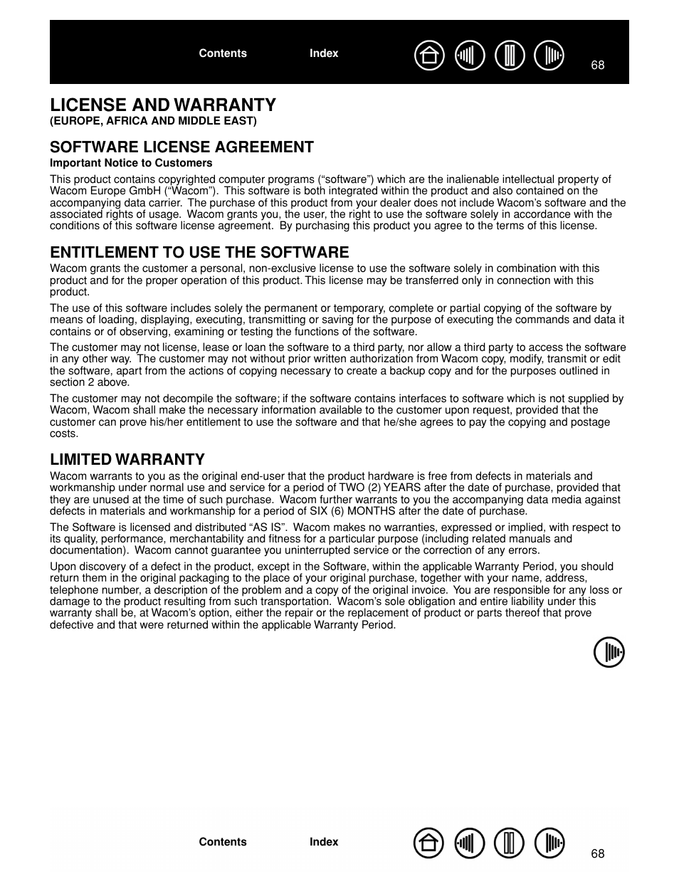 Software license agreement, Entitlement to use the software, Limited warranty | License and warranty | Wacom GRAPHIRE CTE-630BT User Manual | Page 68 / 74