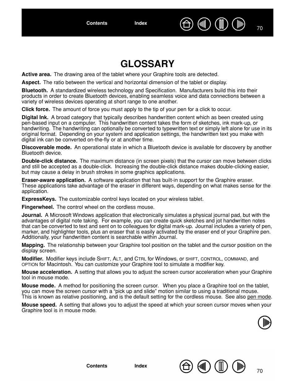 Glossary, Glossary 70, Active area | Let in discoverable, E a mouse (m, Ouse | Wacom GRAPHIRE CTE-630BT User Manual | Page 70 / 74