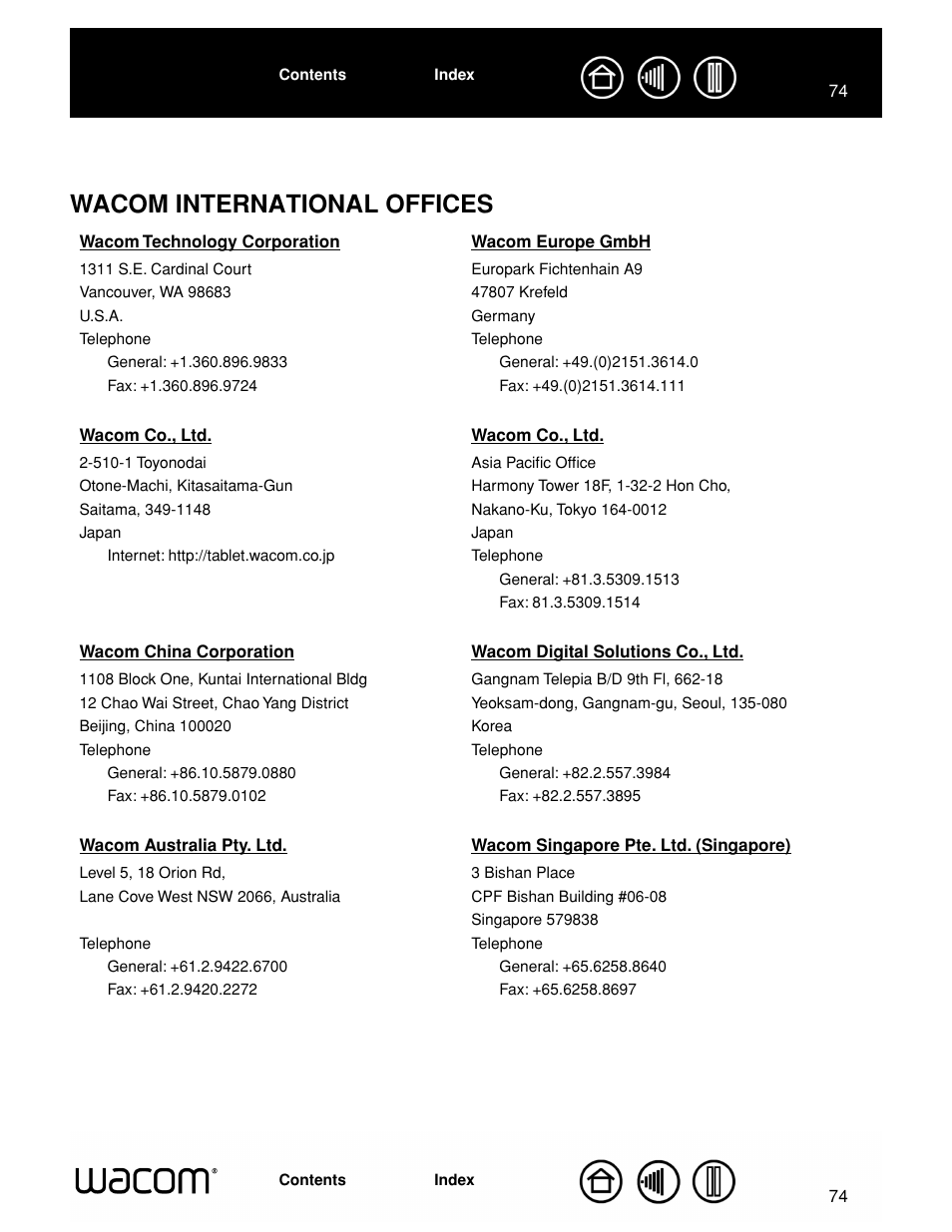 Wacom international offices | Wacom GRAPHIRE CTE-630BT User Manual | Page 74 / 74