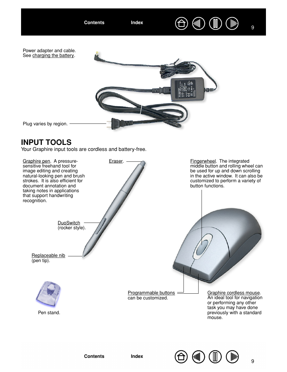 Input tools, Area, and the input tools y | Wacom GRAPHIRE CTE-630BT User Manual | Page 9 / 74