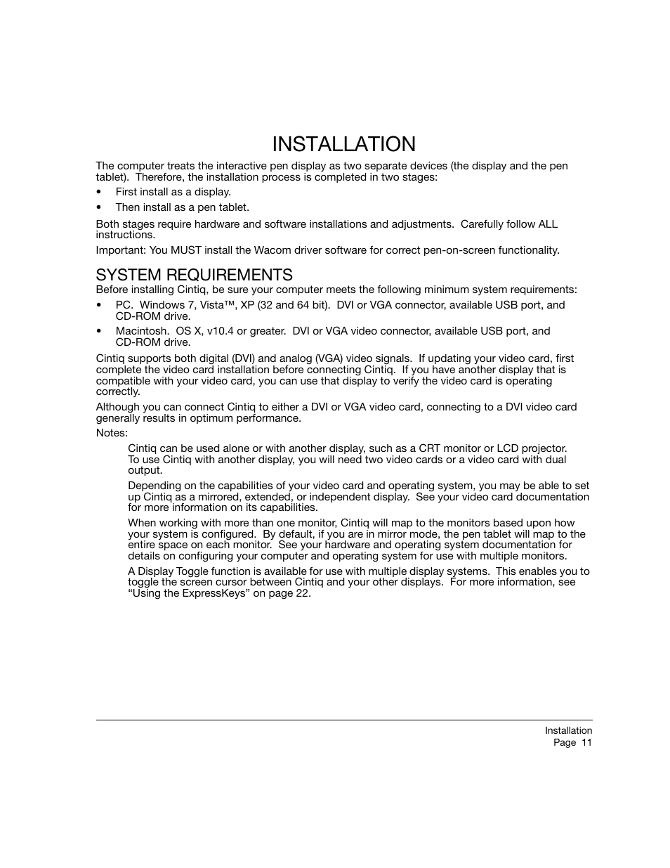 Installation, System requirements, Installation system requirements | Wacom 12WX User Manual | Page 13 / 76