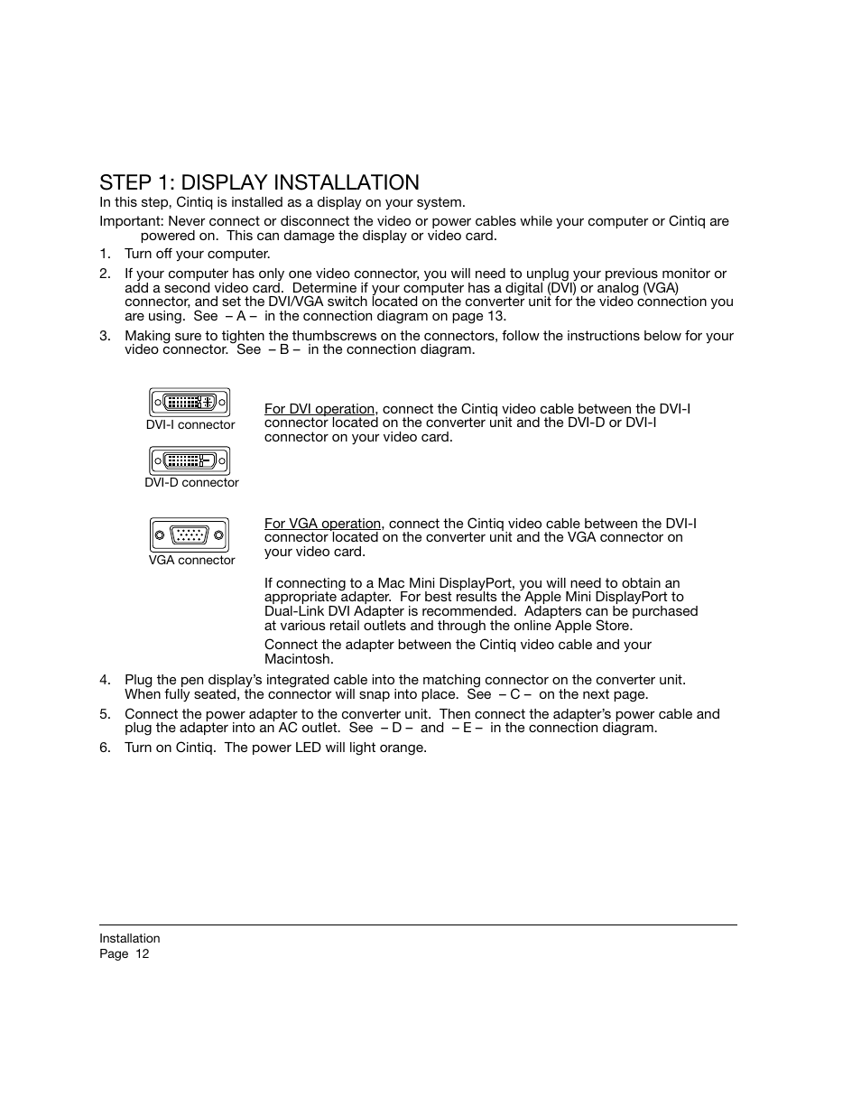 Step 1: display installation | Wacom 12WX User Manual | Page 14 / 76