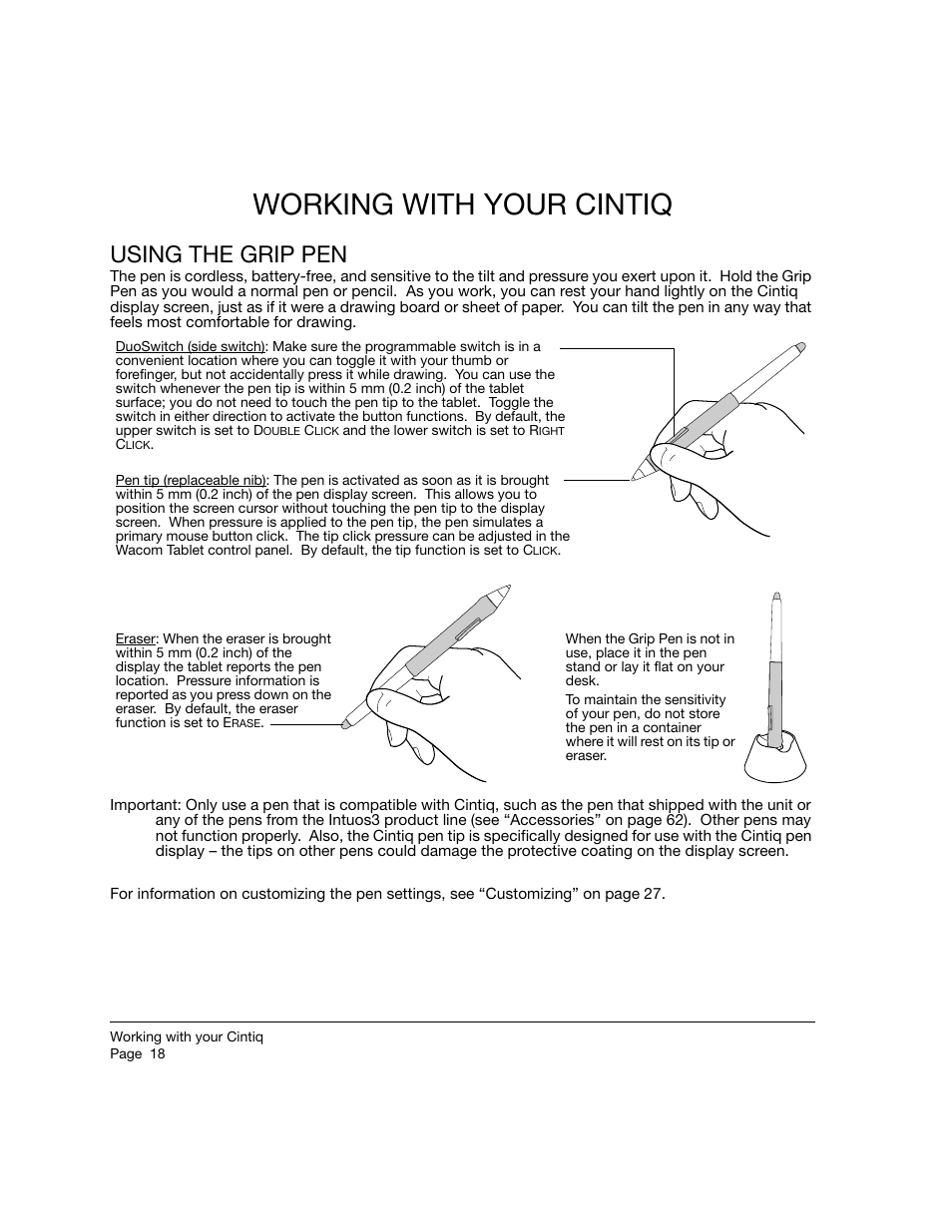 Working with your cintiq, Using the grip pen, Working with your cintiq using the grip pen | Wacom 12WX User Manual | Page 20 / 76