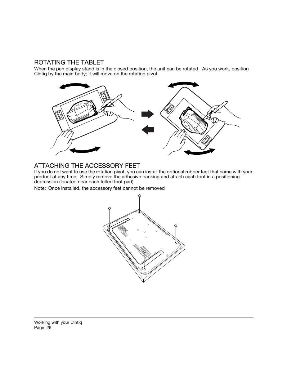 Rotating the tablet, Attaching the accessory feet, Rotating the tablet attaching the accessory feet | Wacom 12WX User Manual | Page 28 / 76