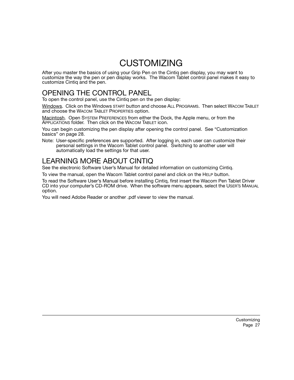 Customizing, Opening the control panel, Learning more about cintiq | Wacom 12WX User Manual | Page 29 / 76