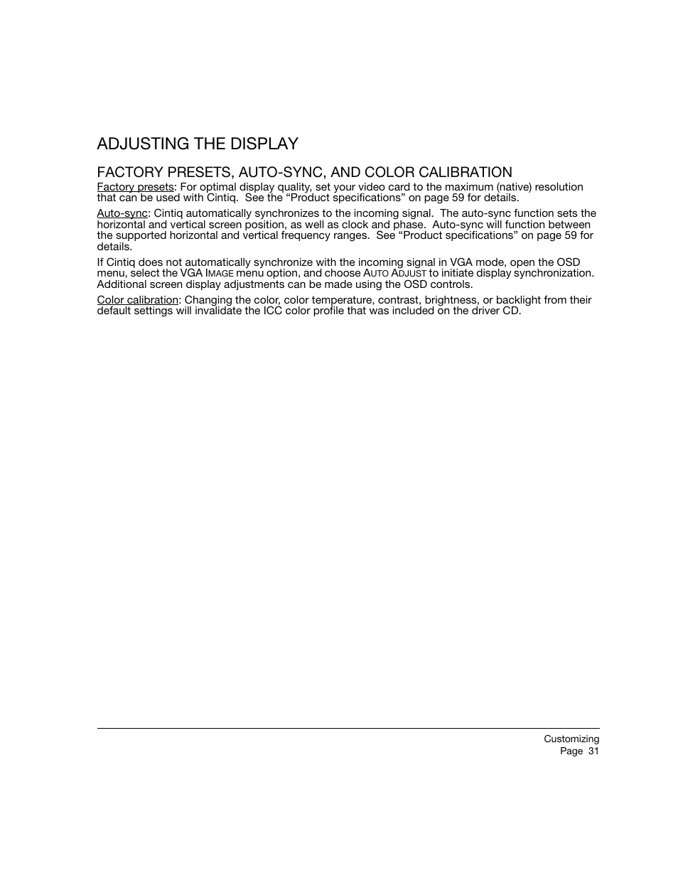 Adjusting the display, Factory presets, auto-sync, and color calibration | Wacom 12WX User Manual | Page 33 / 76