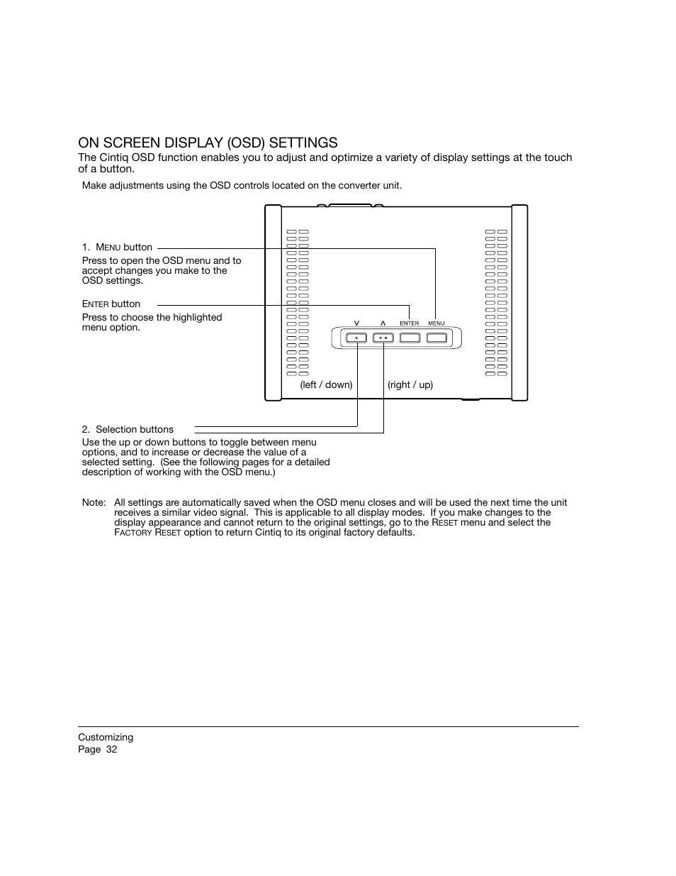 On screen display (osd) settings | Wacom 12WX User Manual | Page 34 / 76