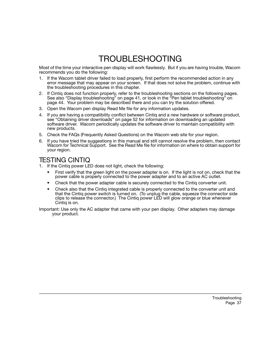 Troubleshooting, Testing cintiq, Troubleshooting testing cintiq | Wacom 12WX User Manual | Page 39 / 76