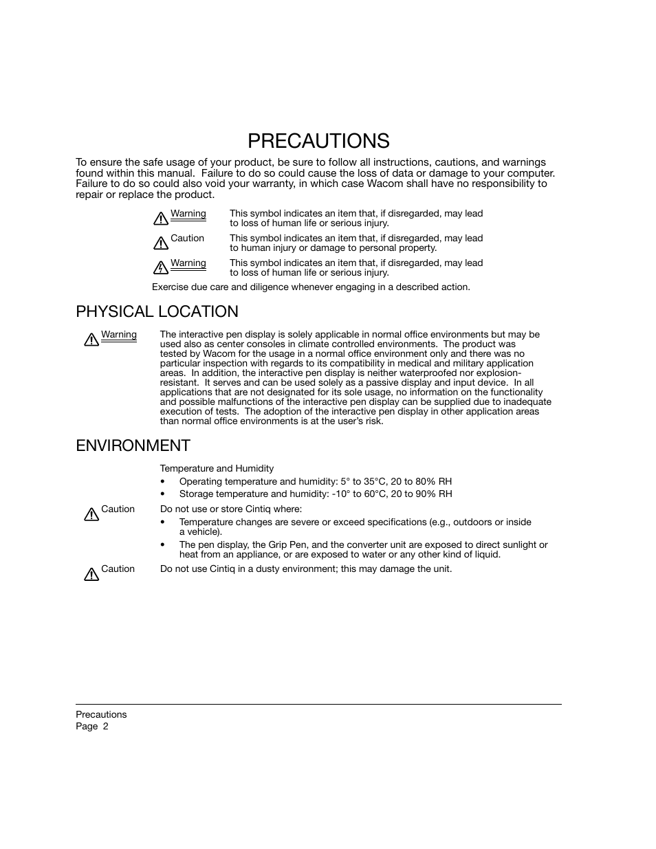 Precautions, Physical location, Environment | Physical location environment | Wacom 12WX User Manual | Page 4 / 76