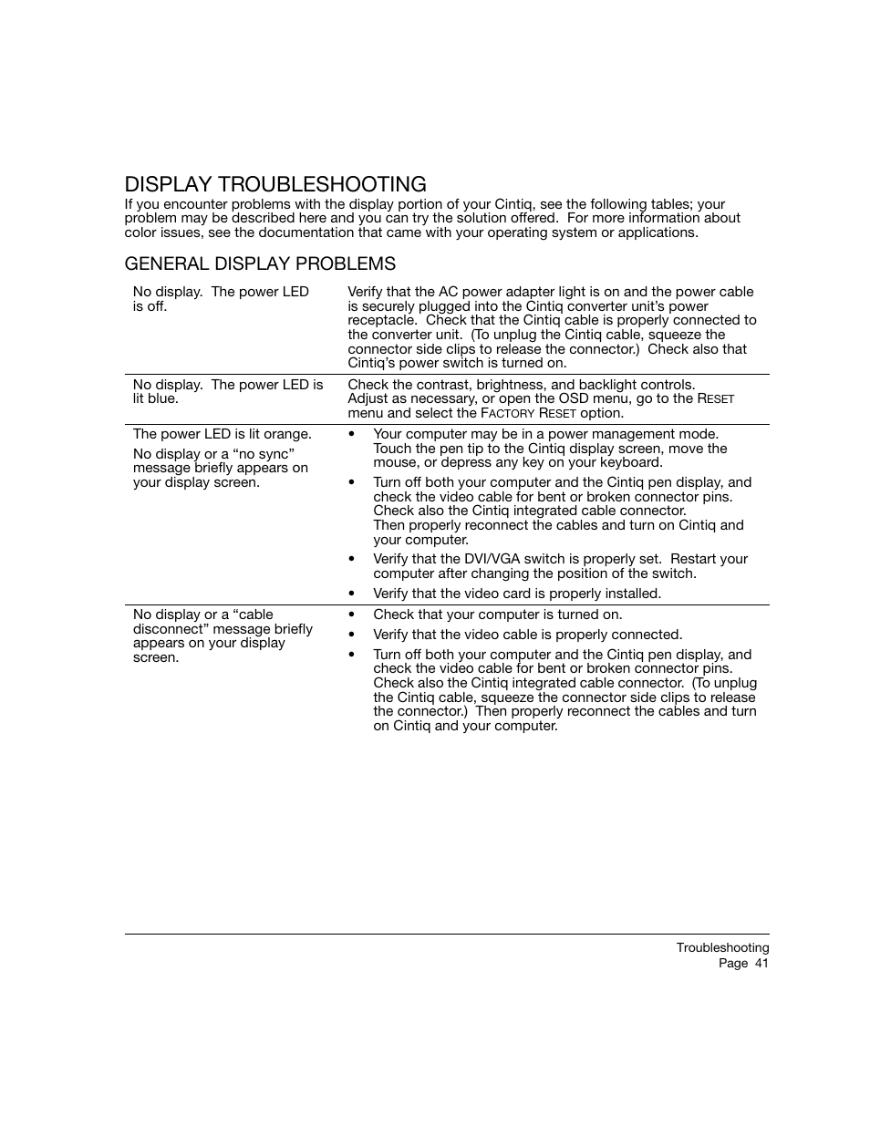 Display troubleshooting, General display problems | Wacom 12WX User Manual | Page 43 / 76