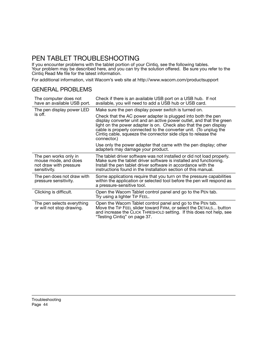 Pen tablet troubleshooting, General problems | Wacom 12WX User Manual | Page 46 / 76