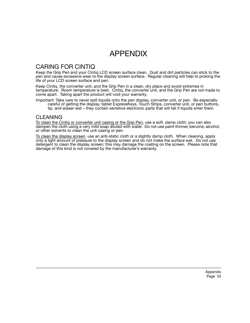 Appendix, Caring for cintiq, Cleaning | Appendix caring for cintiq | Wacom 12WX User Manual | Page 55 / 76