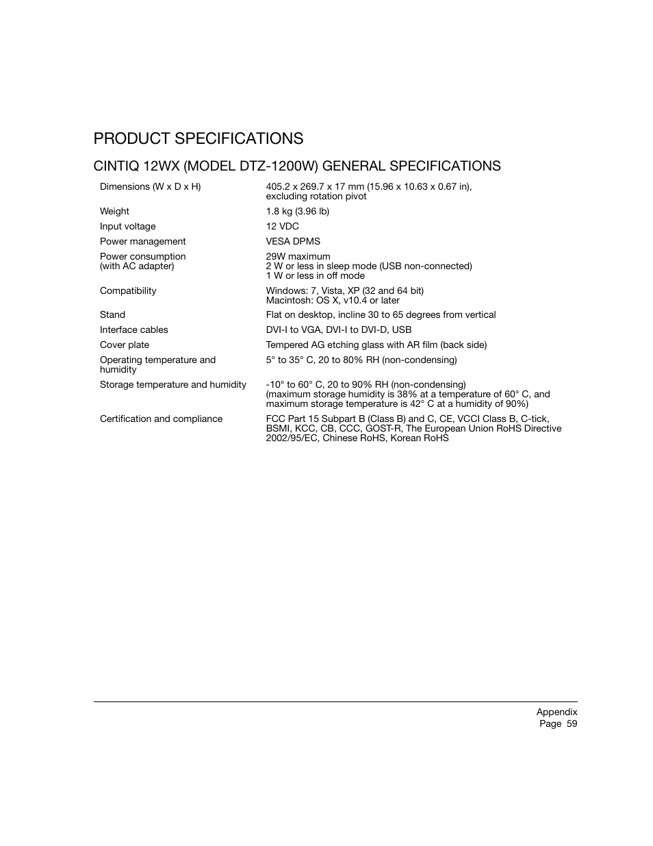 Product specifications | Wacom 12WX User Manual | Page 61 / 76