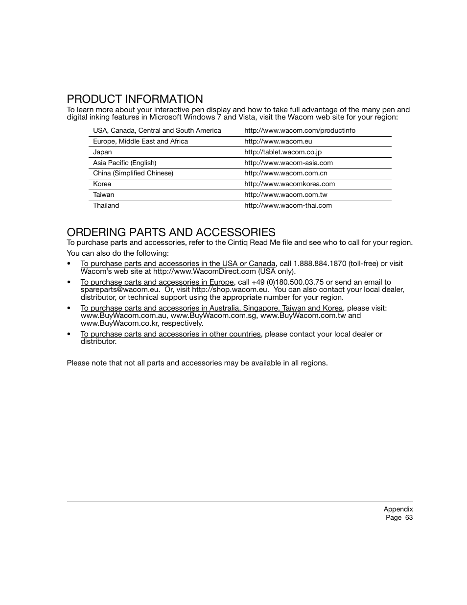 Product information, Ordering parts and accessories, Product information ordering parts and accessories | Wacom 12WX User Manual | Page 65 / 76