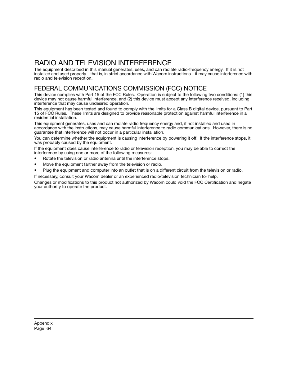 Radio and television interference, Federal communications commission (fcc) notice | Wacom 12WX User Manual | Page 66 / 76