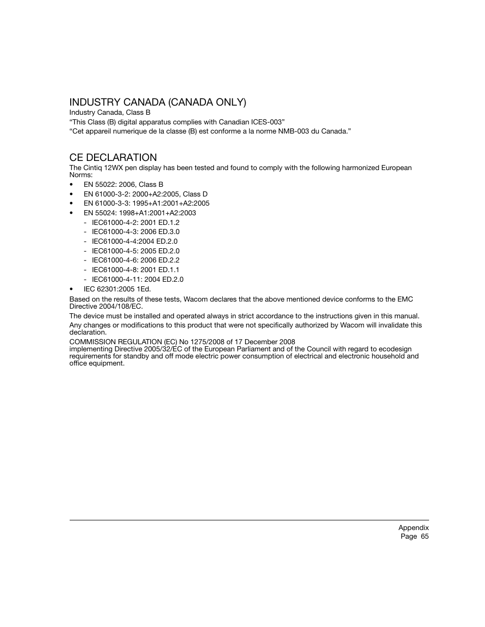 Industry canada (canada only), Ce declaration, Industry canada (canada only) ce declaration | Wacom 12WX User Manual | Page 67 / 76