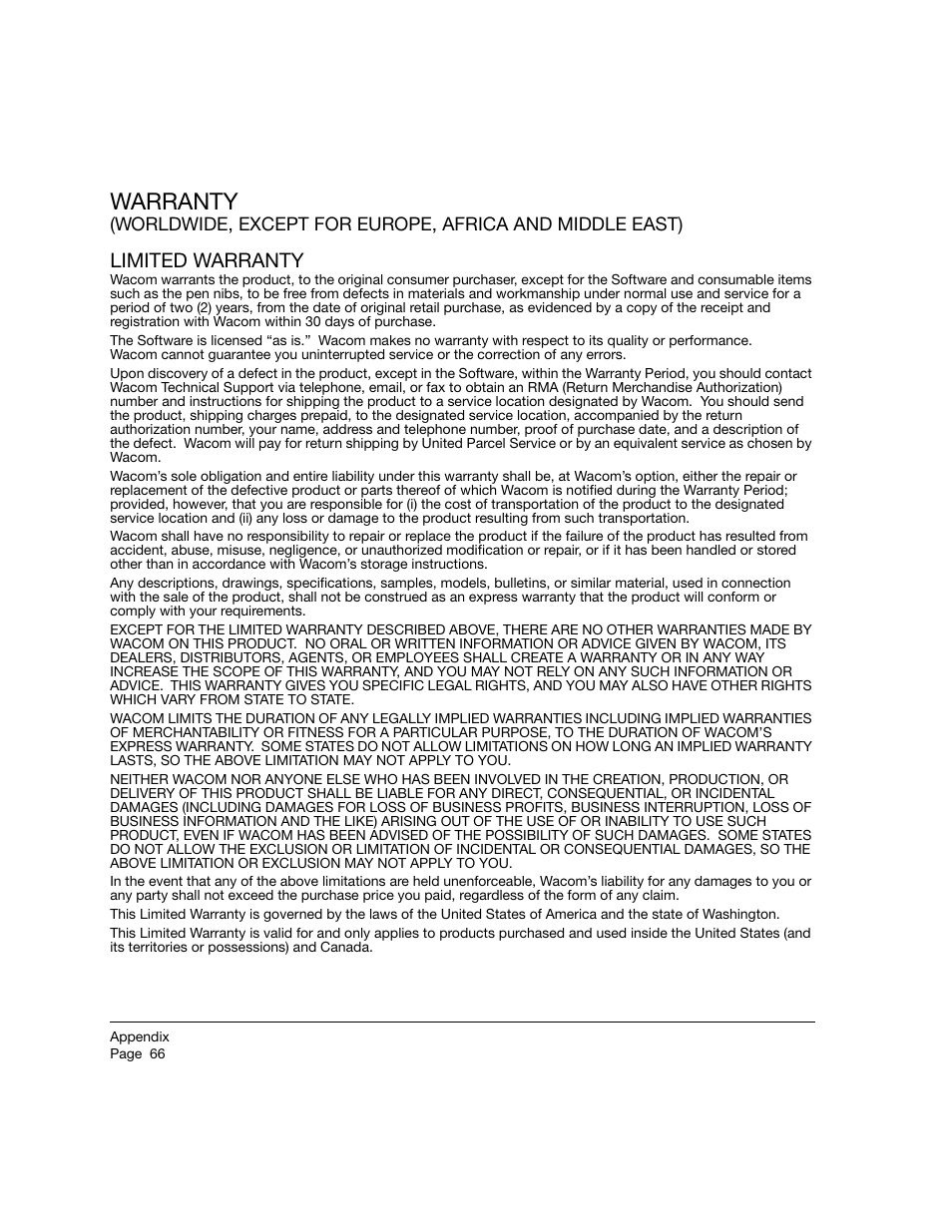 Limited warranty, Warranty | Wacom 12WX User Manual | Page 68 / 76
