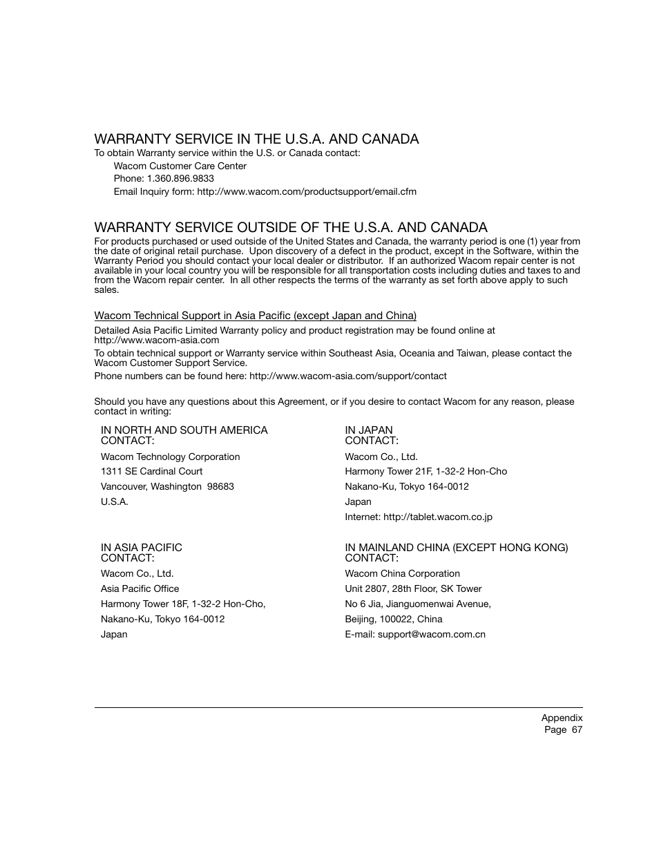 Warranty service in the u.s.a. and canada, Warranty service outside of the u.s.a. and canada | Wacom 12WX User Manual | Page 69 / 76