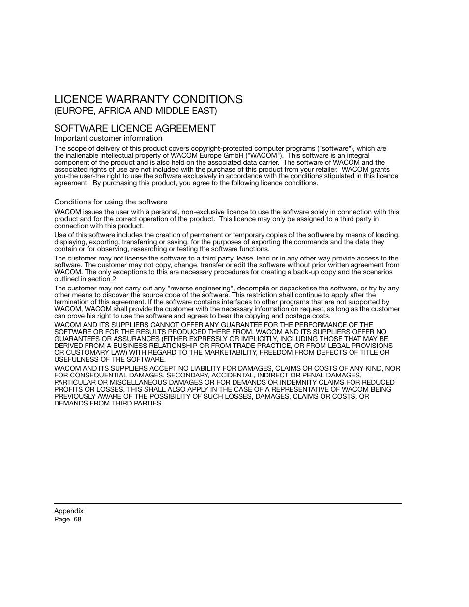 Software licence agreement, Licence warranty conditions | Wacom 12WX User Manual | Page 70 / 76