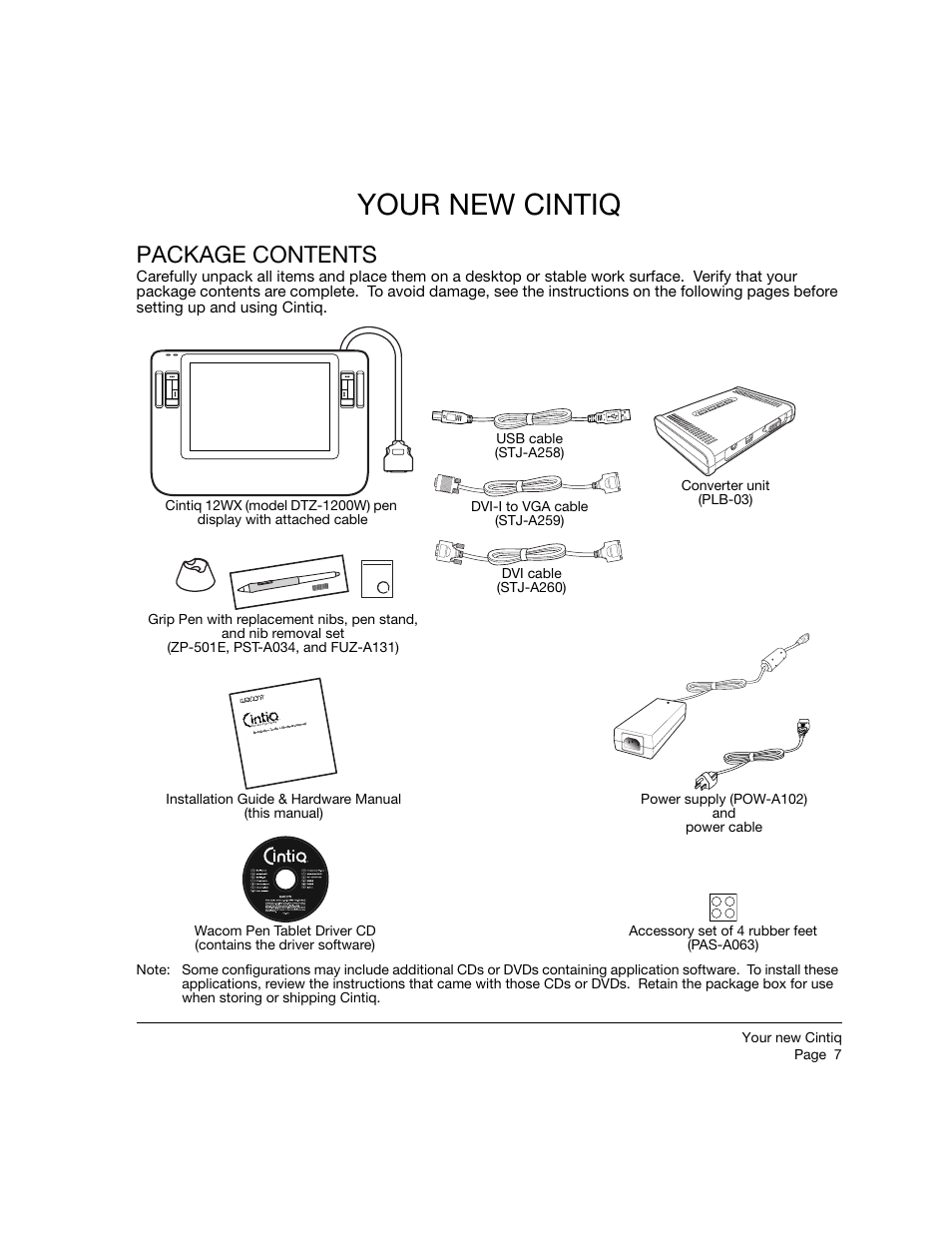 Your new cintiq, Package contents, Your new cintiq package contents | Wacom 12WX User Manual | Page 9 / 76