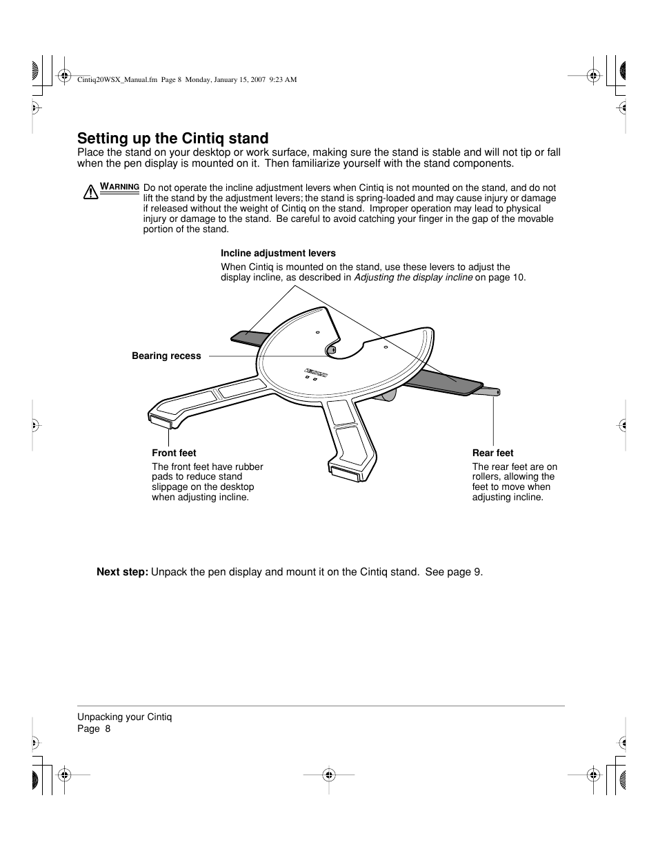 Setting up the cintiq stand | Wacom Cintiq DTZ-2000W User Manual | Page 10 / 72