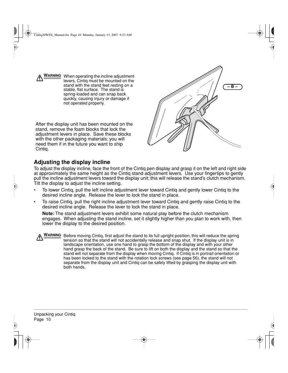 Adjusting the display incline | Wacom Cintiq DTZ-2000W User Manual | Page 12 / 72