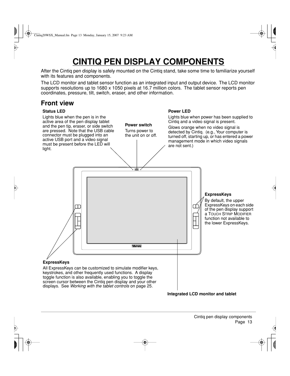 Cintiq pen display components, Front view | Wacom Cintiq DTZ-2000W User Manual | Page 15 / 72