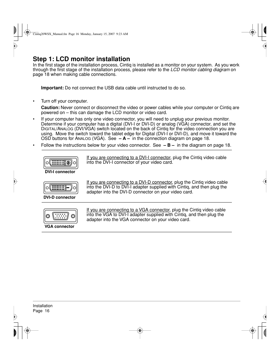 Step 1: lcd monitor installation | Wacom Cintiq DTZ-2000W User Manual | Page 18 / 72