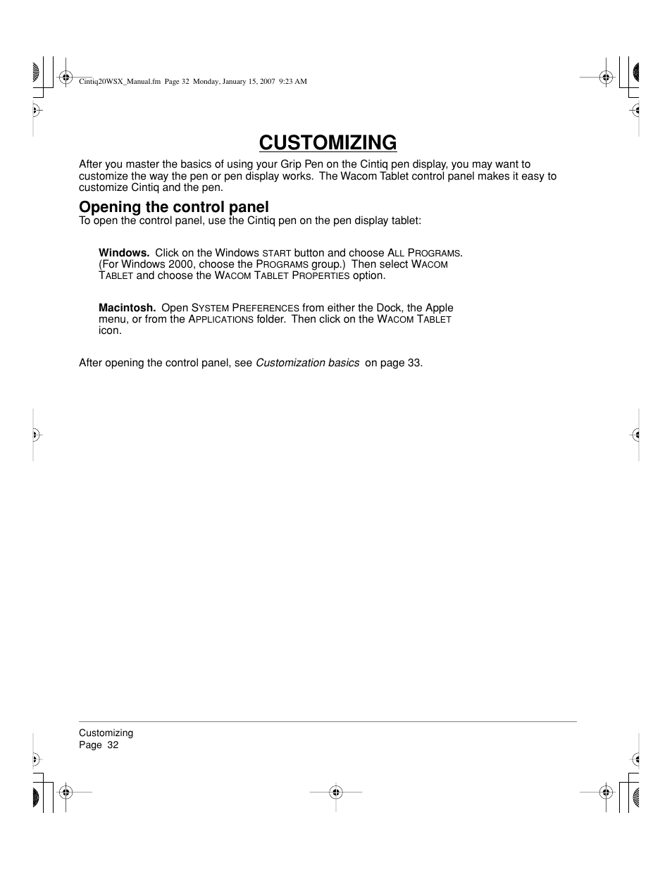 Customizing, Opening the control panel | Wacom Cintiq DTZ-2000W User Manual | Page 34 / 72