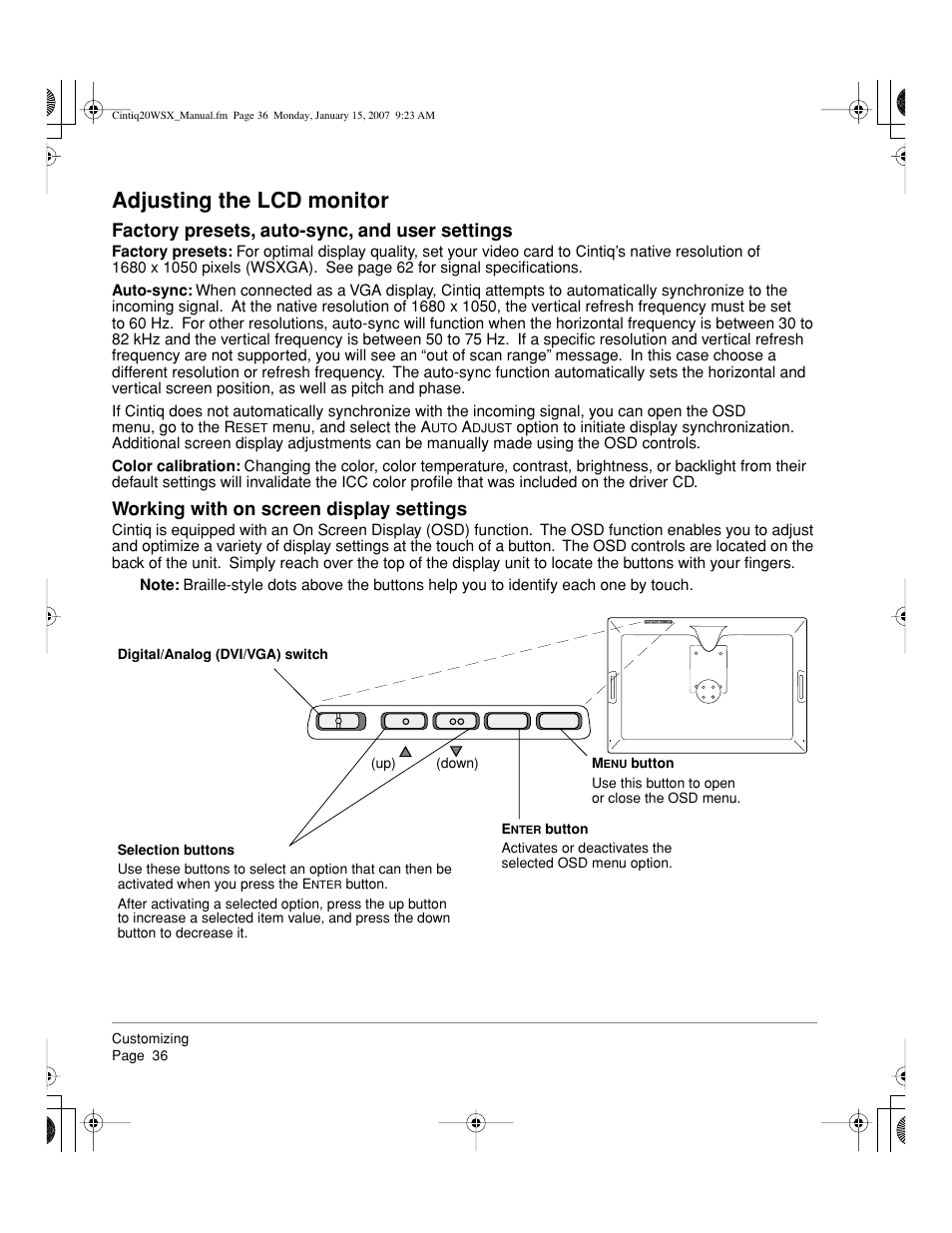 Adjusting the lcd monitor, Factory presets, auto-sync, and user settings, Working with on screen display settings | Wacom Cintiq DTZ-2000W User Manual | Page 38 / 72