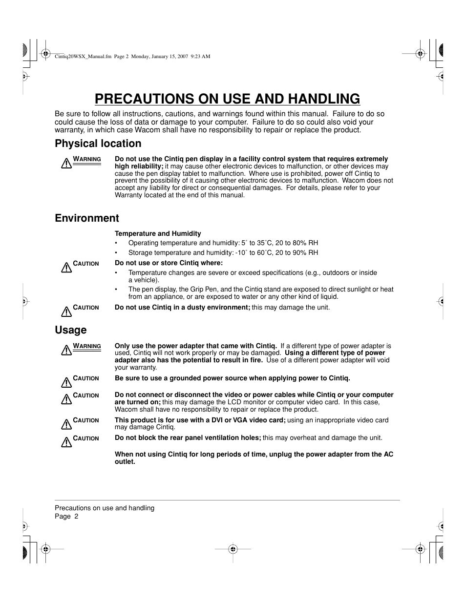 Precautions on use and handling, Physical location environment usage | Wacom Cintiq DTZ-2000W User Manual | Page 4 / 72