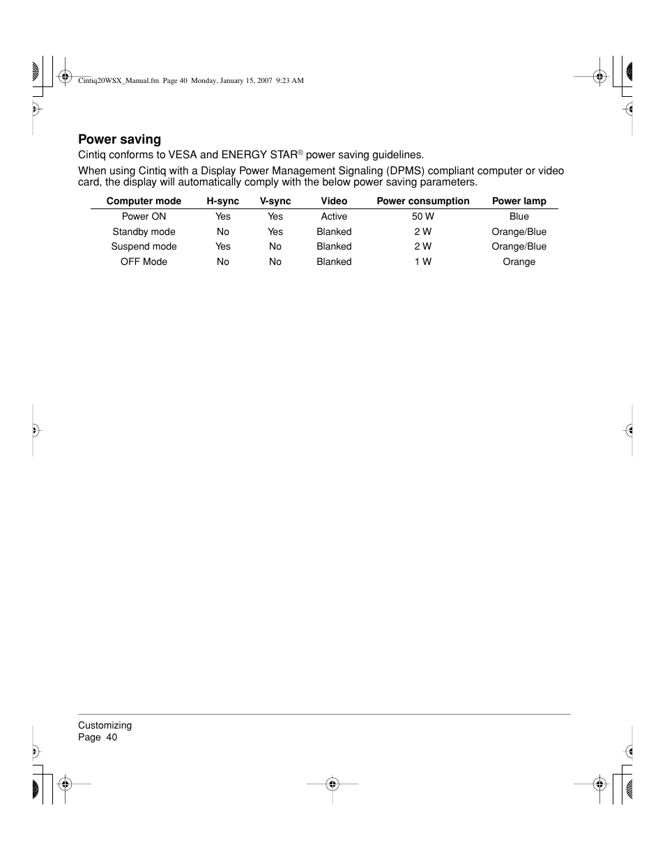 Power saving | Wacom Cintiq DTZ-2000W User Manual | Page 42 / 72