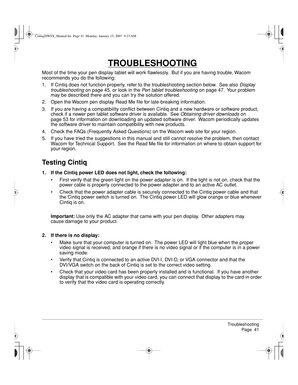 Troubleshooting, Testing cintiq | Wacom Cintiq DTZ-2000W User Manual | Page 43 / 72