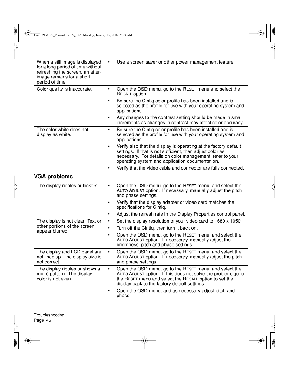 Vga problems | Wacom Cintiq DTZ-2000W User Manual | Page 48 / 72