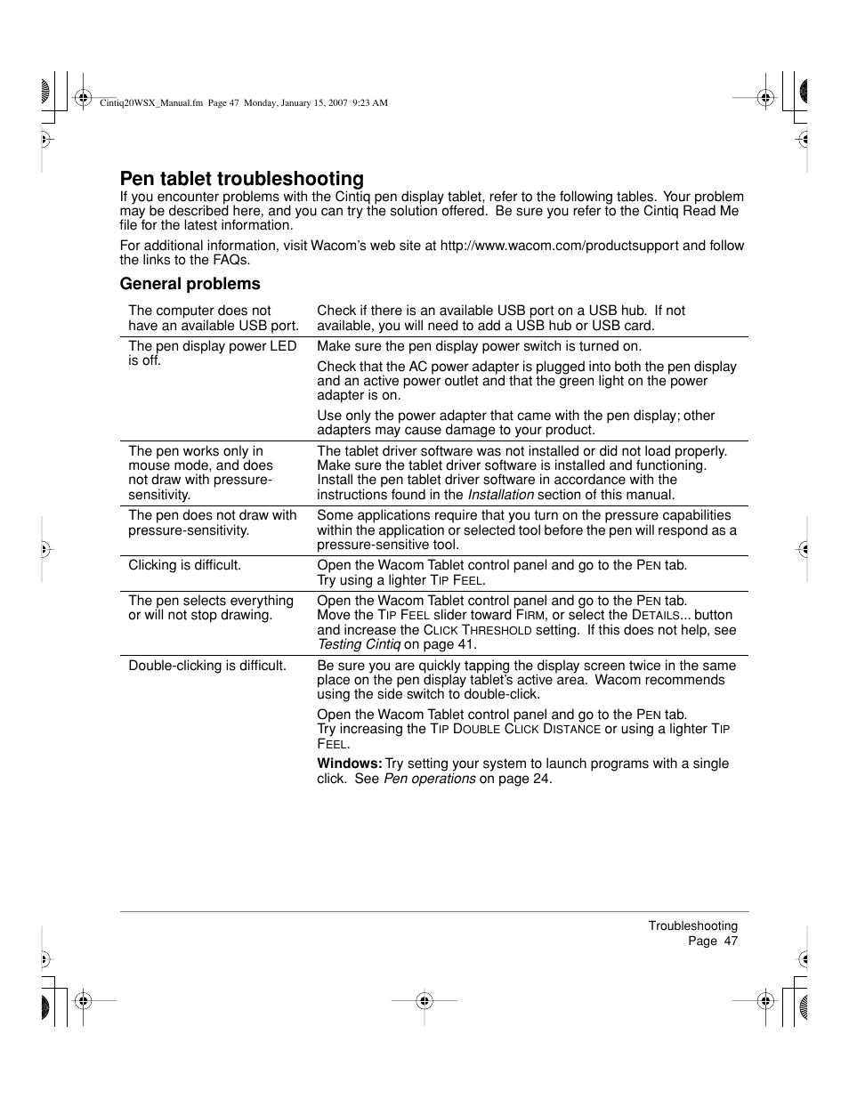 Pen tablet troubleshooting, General problems | Wacom Cintiq DTZ-2000W User Manual | Page 49 / 72