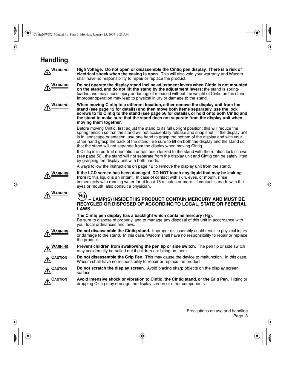 Handling | Wacom Cintiq DTZ-2000W User Manual | Page 5 / 72