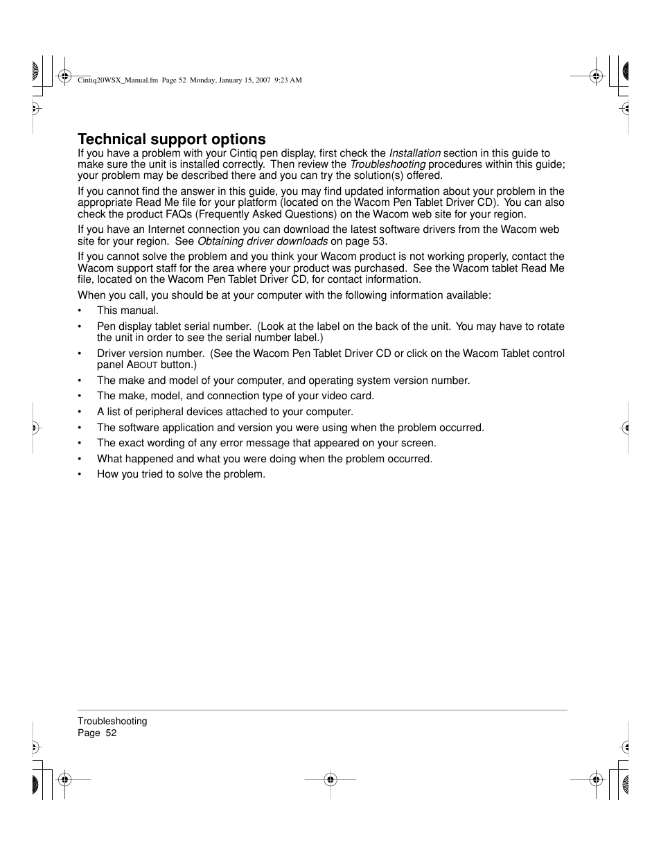 Technical support options | Wacom Cintiq DTZ-2000W User Manual | Page 54 / 72