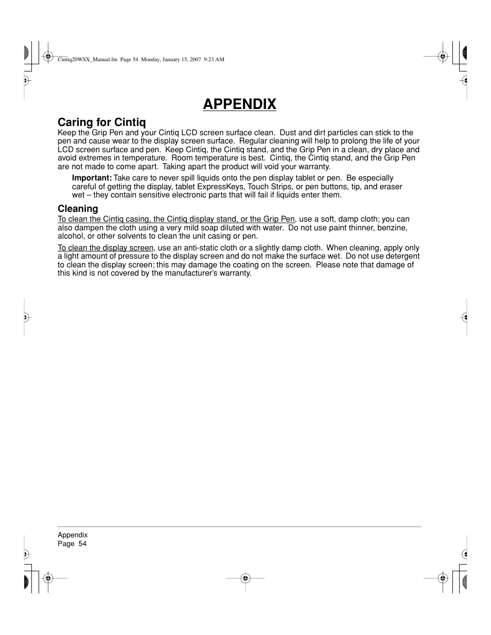 Appendix, Caring for cintiq | Wacom Cintiq DTZ-2000W User Manual | Page 56 / 72