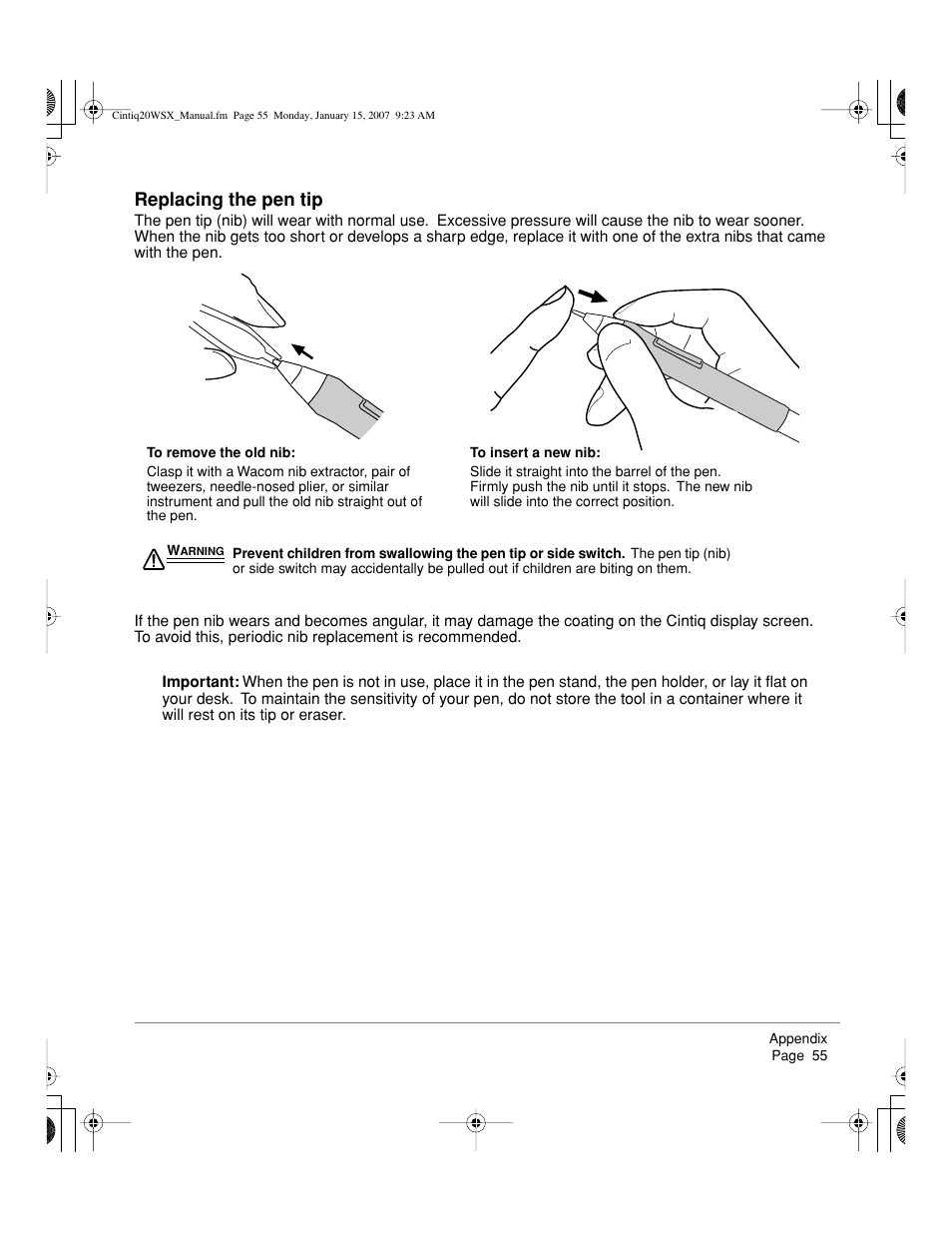 Replacing the pen tip | Wacom Cintiq DTZ-2000W User Manual | Page 57 / 72