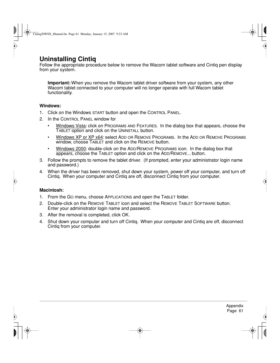 Uninstalling cintiq | Wacom Cintiq DTZ-2000W User Manual | Page 63 / 72