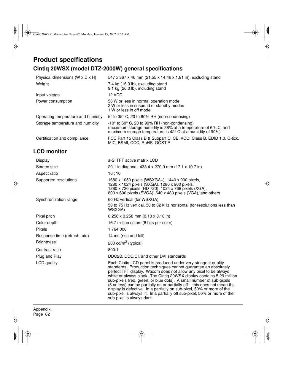 Product specifications | Wacom Cintiq DTZ-2000W User Manual | Page 64 / 72