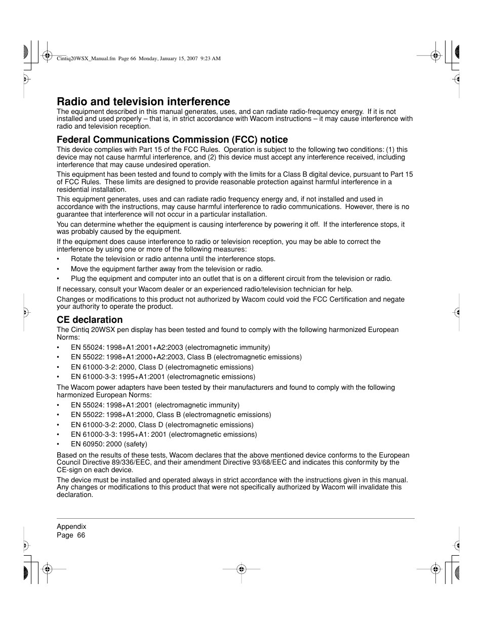 Radio and television interference, Federal communications commission (fcc) notice, Ce declaration | Wacom Cintiq DTZ-2000W User Manual | Page 68 / 72