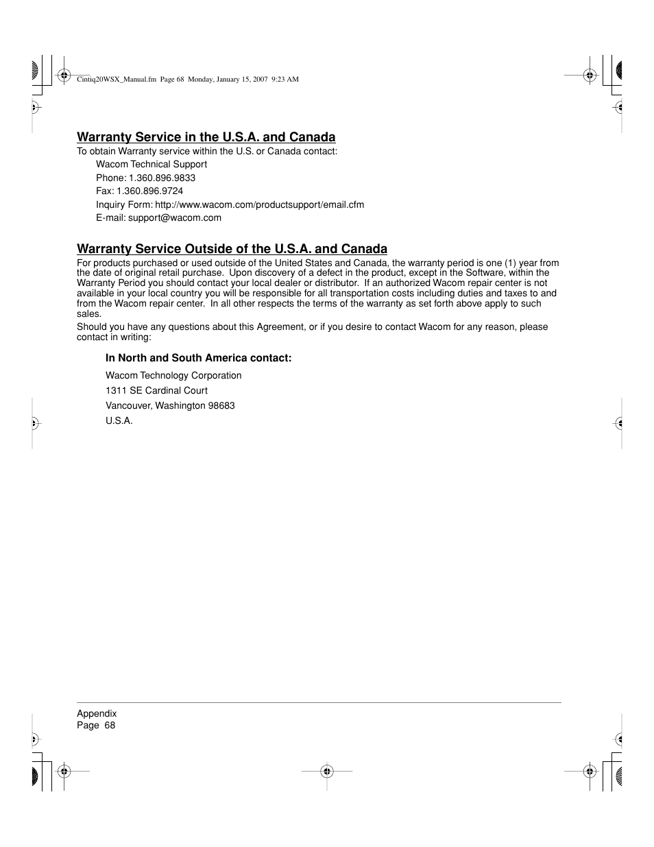 Warranty service in the u.s.a. and canada, Warranty service outside of the u.s.a. and canada | Wacom Cintiq DTZ-2000W User Manual | Page 70 / 72
