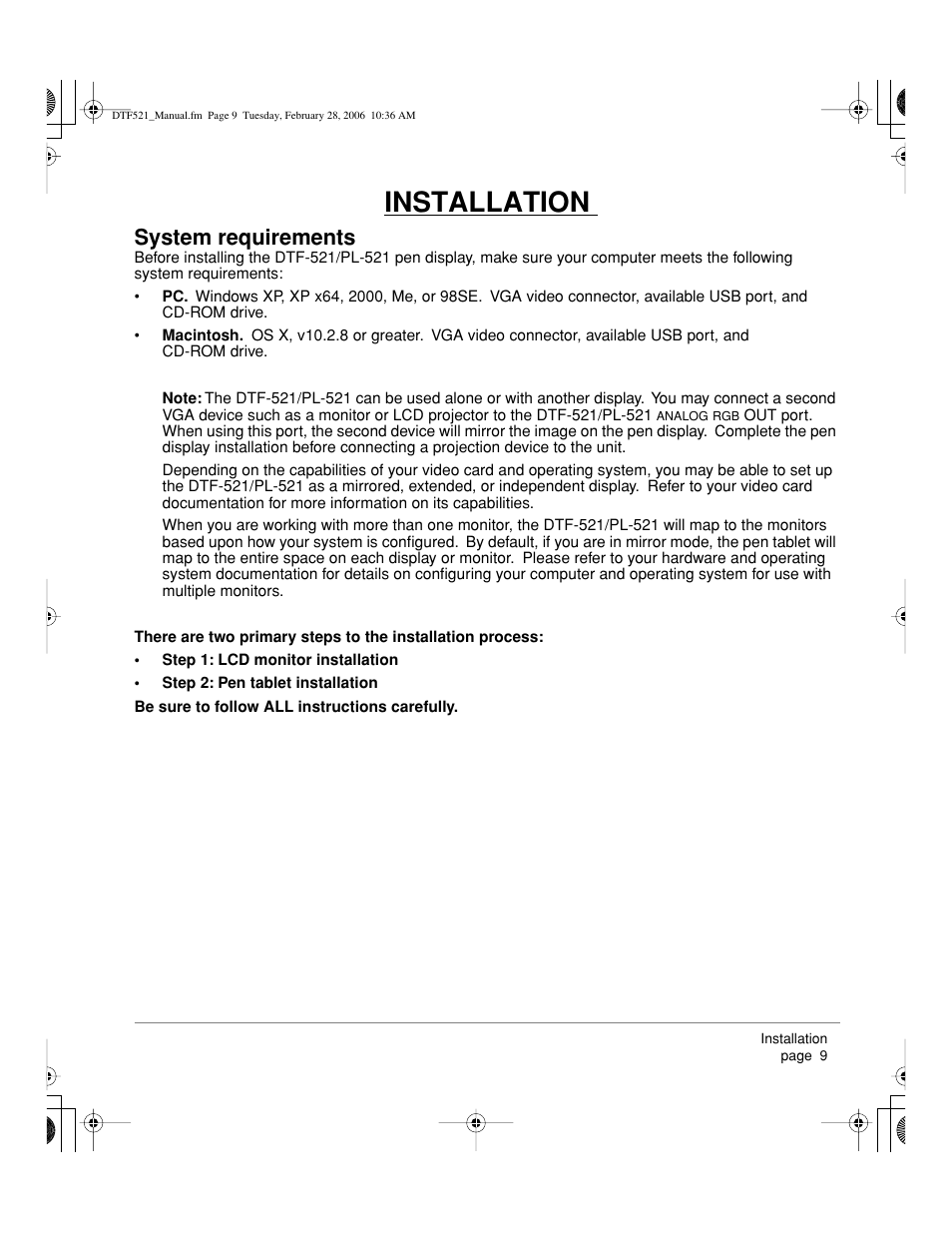 Installation, System requirements | Wacom PEN DISPLAY PL-521 User Manual | Page 11 / 52