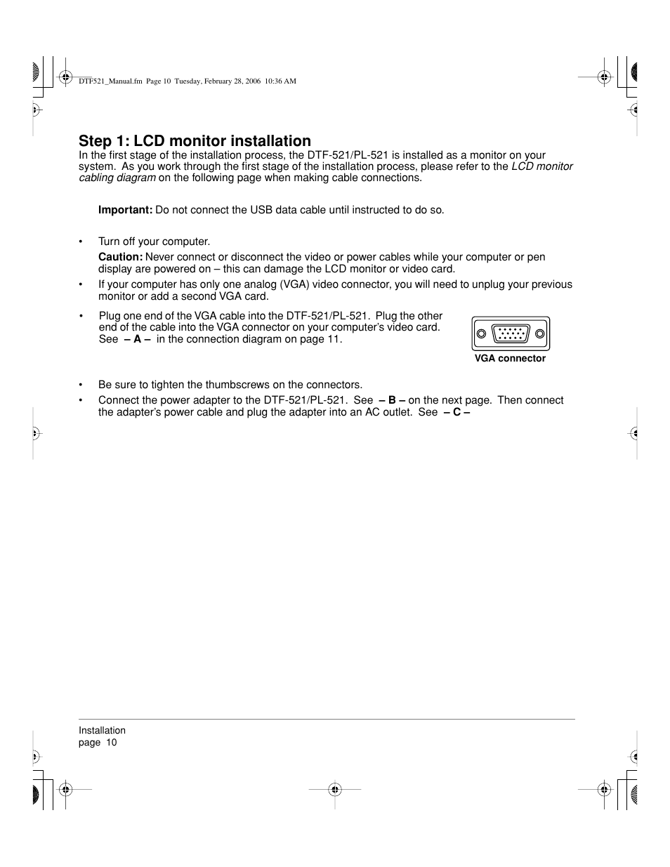Step 1: lcd monitor installation | Wacom PEN DISPLAY PL-521 User Manual | Page 12 / 52