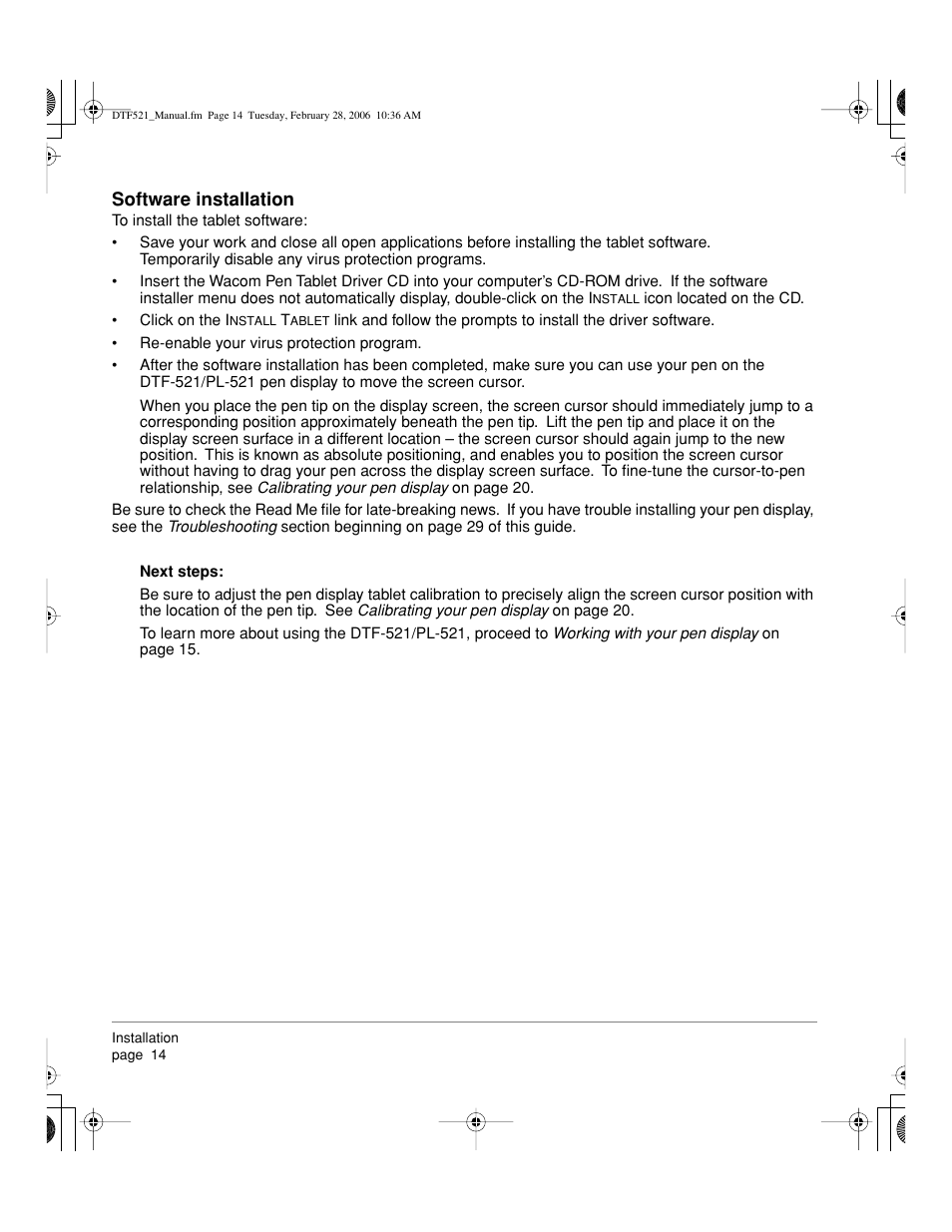 Software installation | Wacom PEN DISPLAY PL-521 User Manual | Page 16 / 52