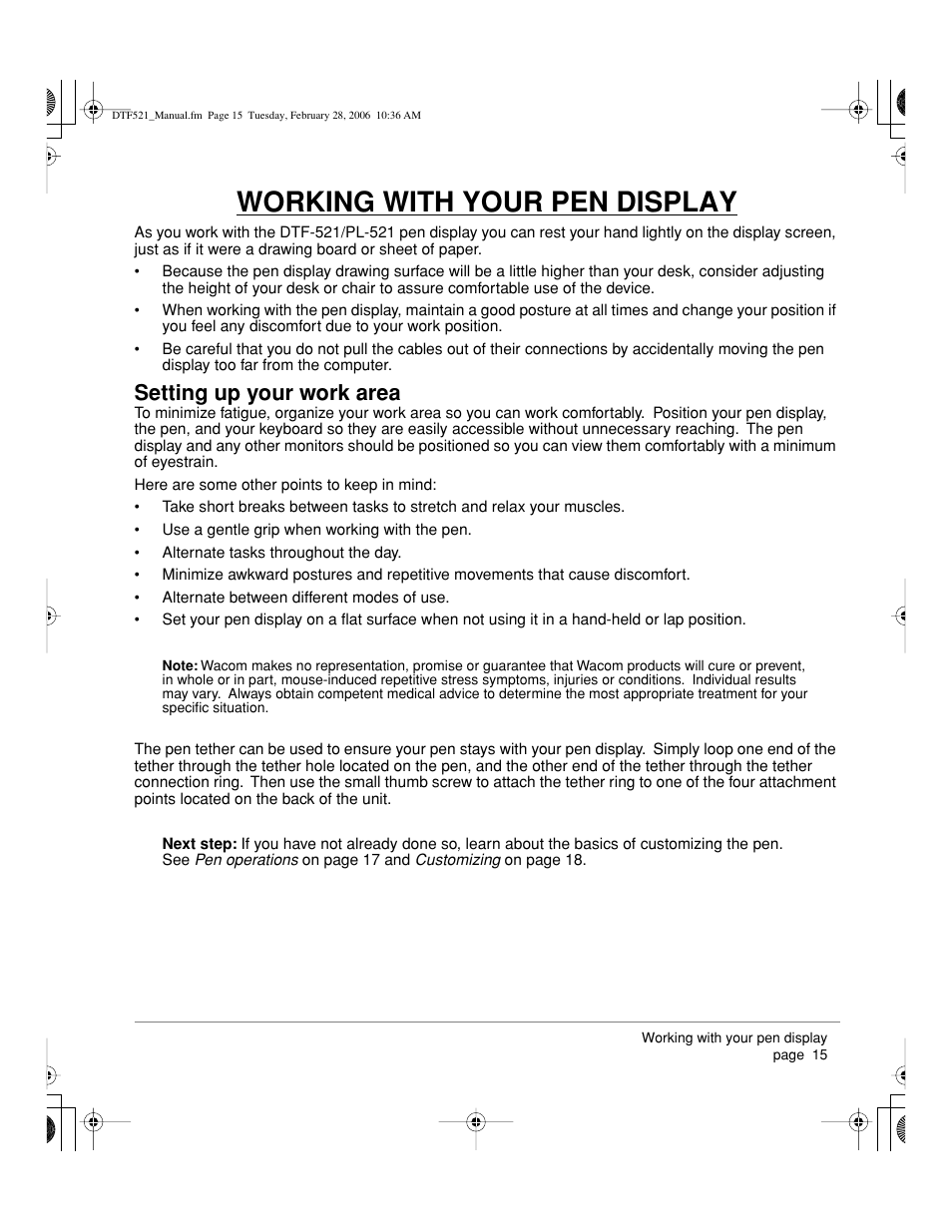 Working with your pen display, Setting up your work area | Wacom PEN DISPLAY PL-521 User Manual | Page 17 / 52