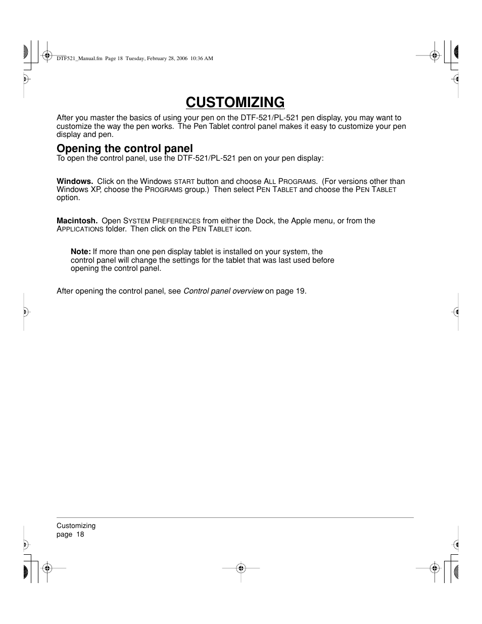 Customizing, Opening the control panel | Wacom PEN DISPLAY PL-521 User Manual | Page 20 / 52